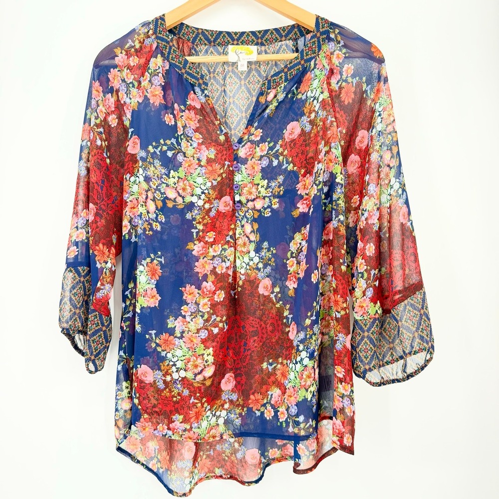 Anthropologie Fig & Flower Sheer Floral Boho Peasant Blouse Women's Medium